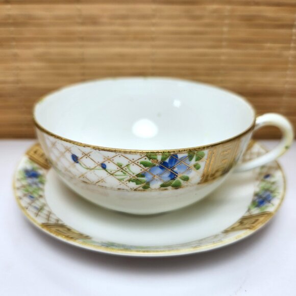 Nippon Teacup and Saucer Set Vintage Hand Painted Blue Flowers Gold Trim - Picture 11 of 11